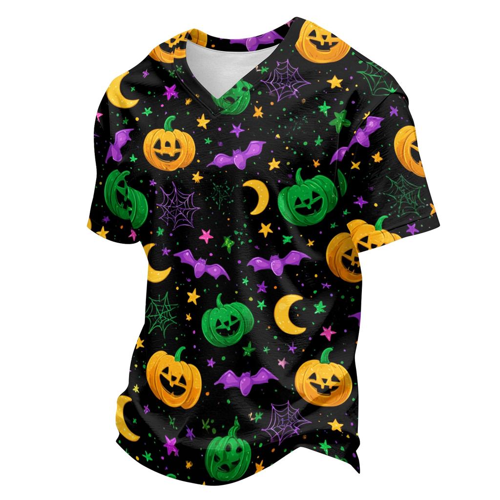 Men's Casual Lightweight Breathable Short Sleeve V Neck Shirt Halloween Print Handprint Pattern Comfortable Fit
