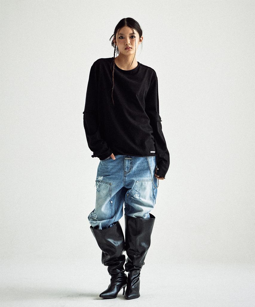 THEVINYLHOUSE Cut-Off Layered Ls Tee Black