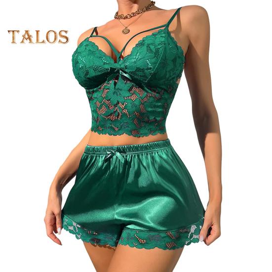 2 ks/sada Dámské pyžamové soupravy s vyhloubenou krajkou, výstřihem do V, bez rukávů, triko s vysokým pasem saténové šortky Domů Dovolená Valentines Day Anniversary