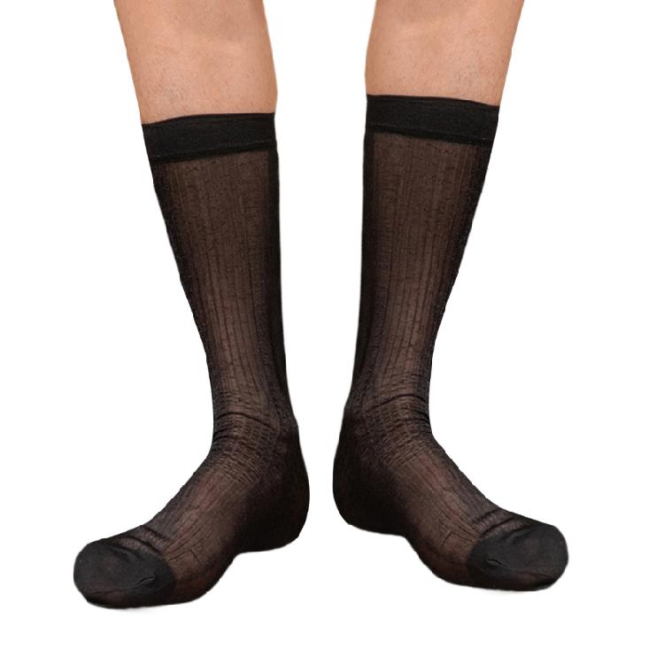 Mens Thin Sheer Silk Formal Dress Suit Socks Casual Business Socks Nylon Breathable Glossy Striped Long Calf Socks