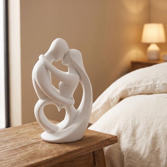 Minimalist White Art Sculpture 3D Printed Abstract Couple Embrace Statue, Heart Hollow Love Figurine, Elegant Statues for Living Room Bedroom