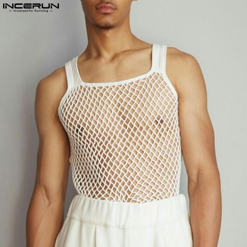 

INCERUN Men Strap Sleeveless See Through Hollow Out Party Club Tank Tops S білий