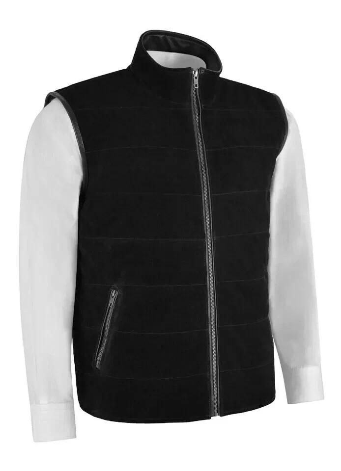 Formell Klädsel Läder Äkta Herrväst Kappa Mjuk Mocka Svart Dragkedja Handgjord Lammskinn Väst