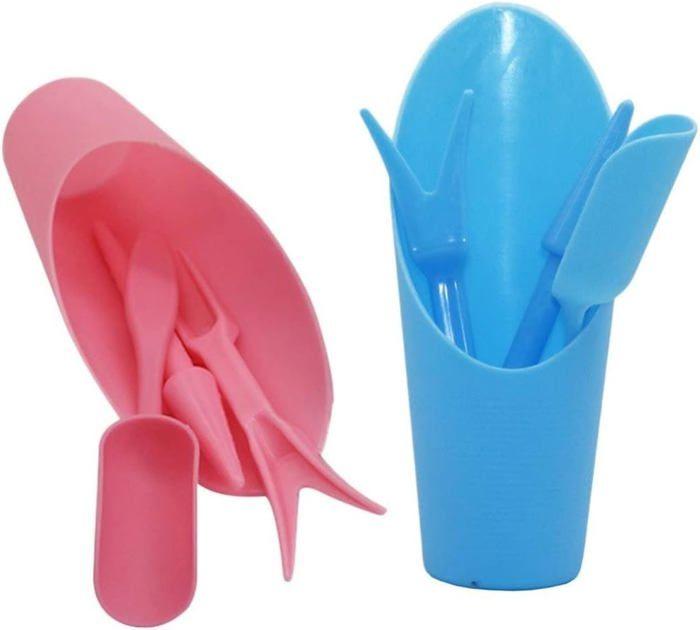 Kit 8 outils pour semis et plantation — pelles, pellettes et transplanter, rose et bleu