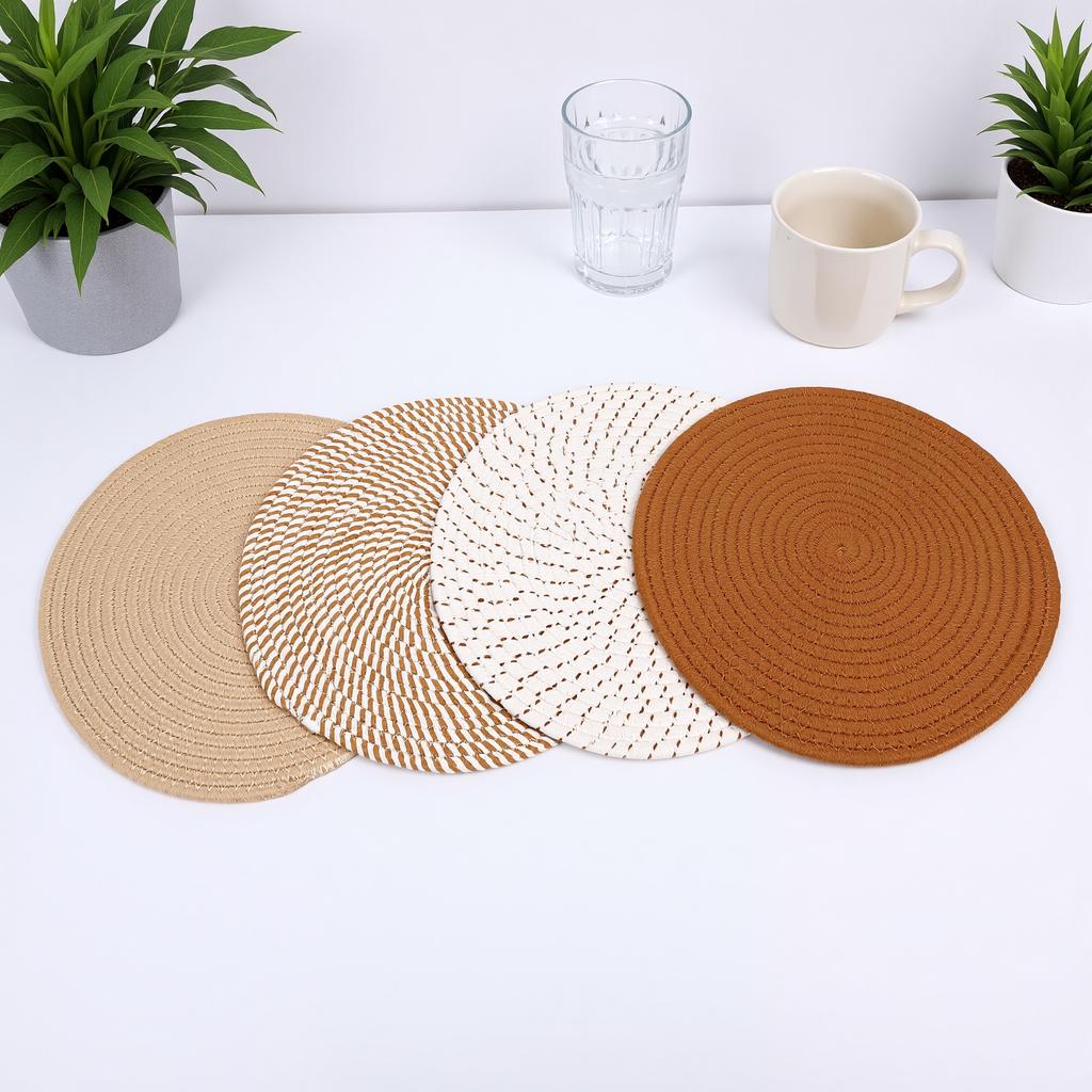 4 Pcs 13 Inch Round Woven Placemat Set Non Slip Bohemian Table Place Mats Heat Resist for Kitchen Dining