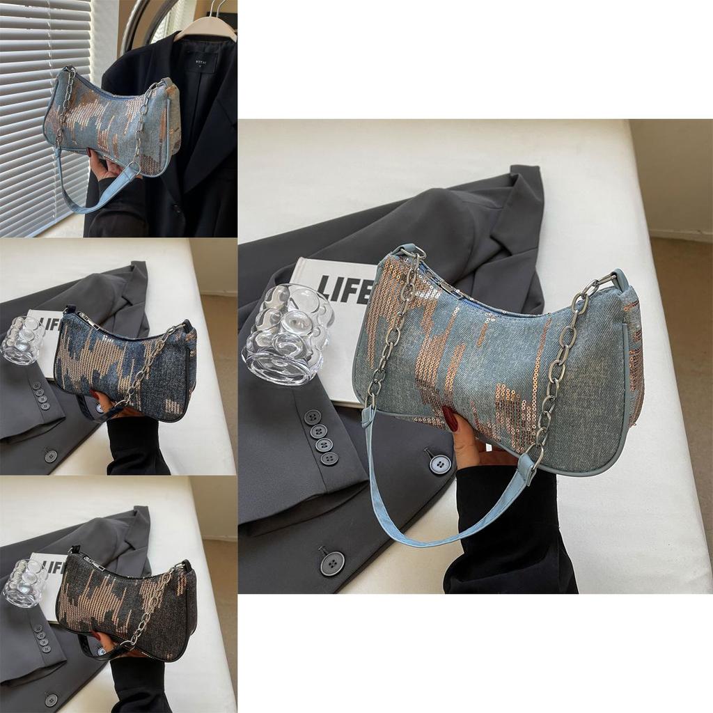 Trendy Denim Shoulder Bag 2024 Chic Chain Detail Medium Size Crossbody Bag For Women