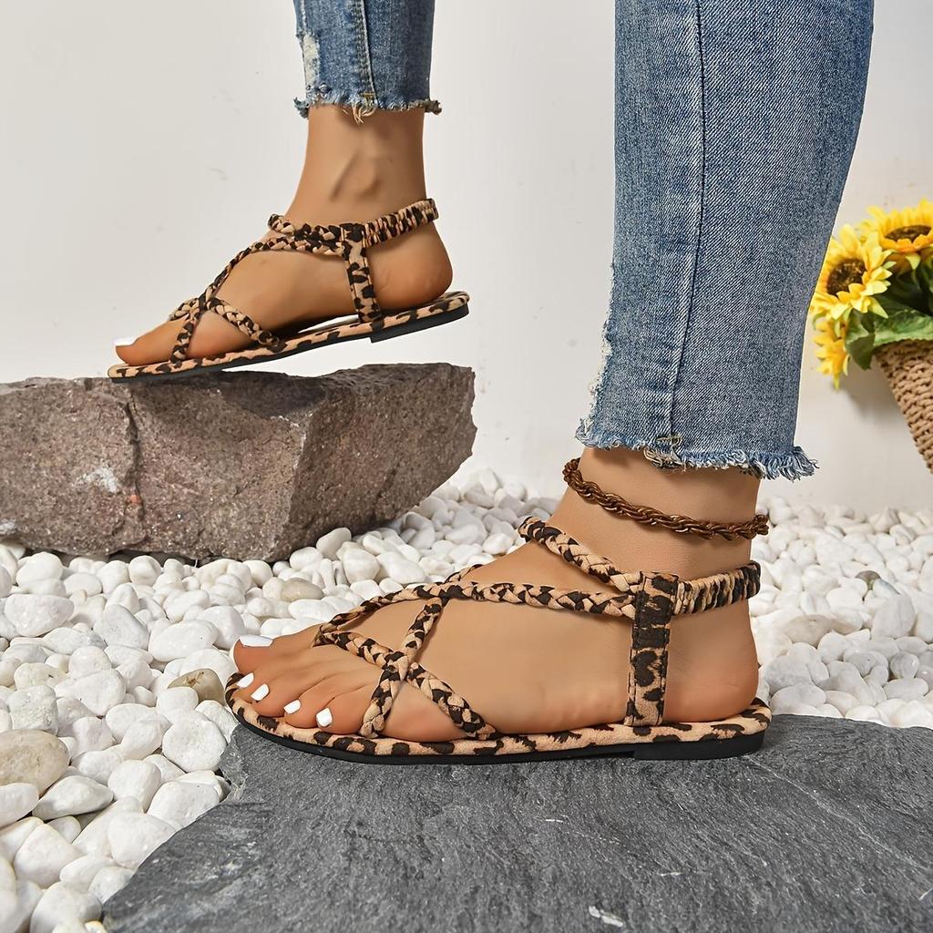 Women's Sexy Leopard Print Flat Sandals, Summer Fabric Rubber Bottom, Open Toe Penny Loafers, Comfortable Casual Summer Shoes, No High Heel