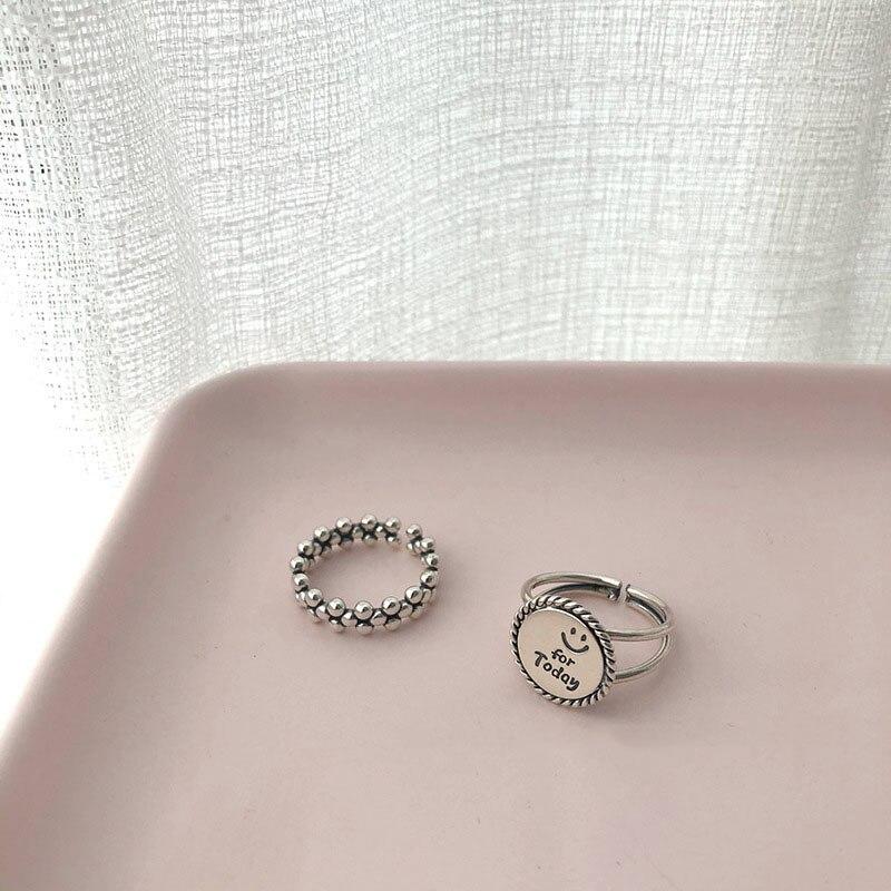 925 Sterling Silver Round Disc Letter Smiling Face Thai Silver Ring Roun Ball Open Ring For Women Jewelry Gift Wholesale S-R791