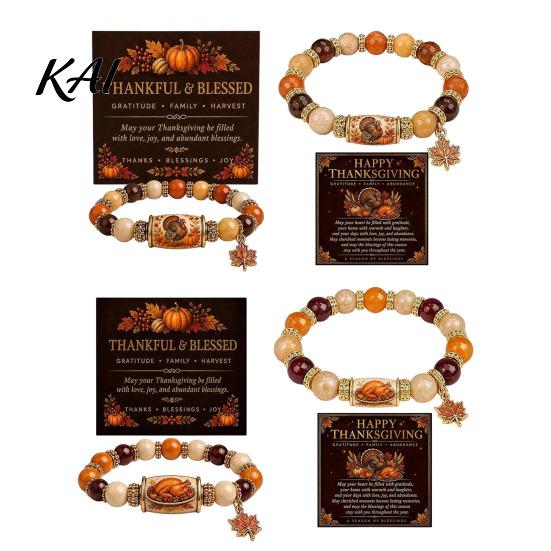 Elastic Fit Beaded Jewelry Thanksgiving Bracelet for Women, Holiday with Commemorative Daily Wear Maple Leaf Charm, Stretch Fall Harvest Stackable