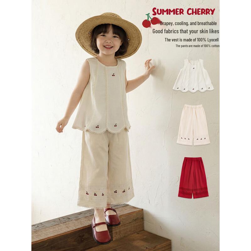 YOYO Girls' Summer French Pastoral Sleeveless Lace Doll Top & Cropped Pants Set