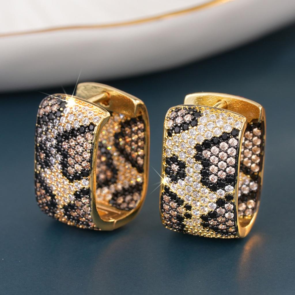 Leopard Print Full Paved Hoop Earrings for Women Trendy Gold Tone Jewelry