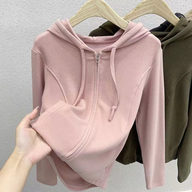 Solid Color Women's Casual Hooded Sweatshirt Zipper Short Cardigan Versatile Long-sleeved Top
