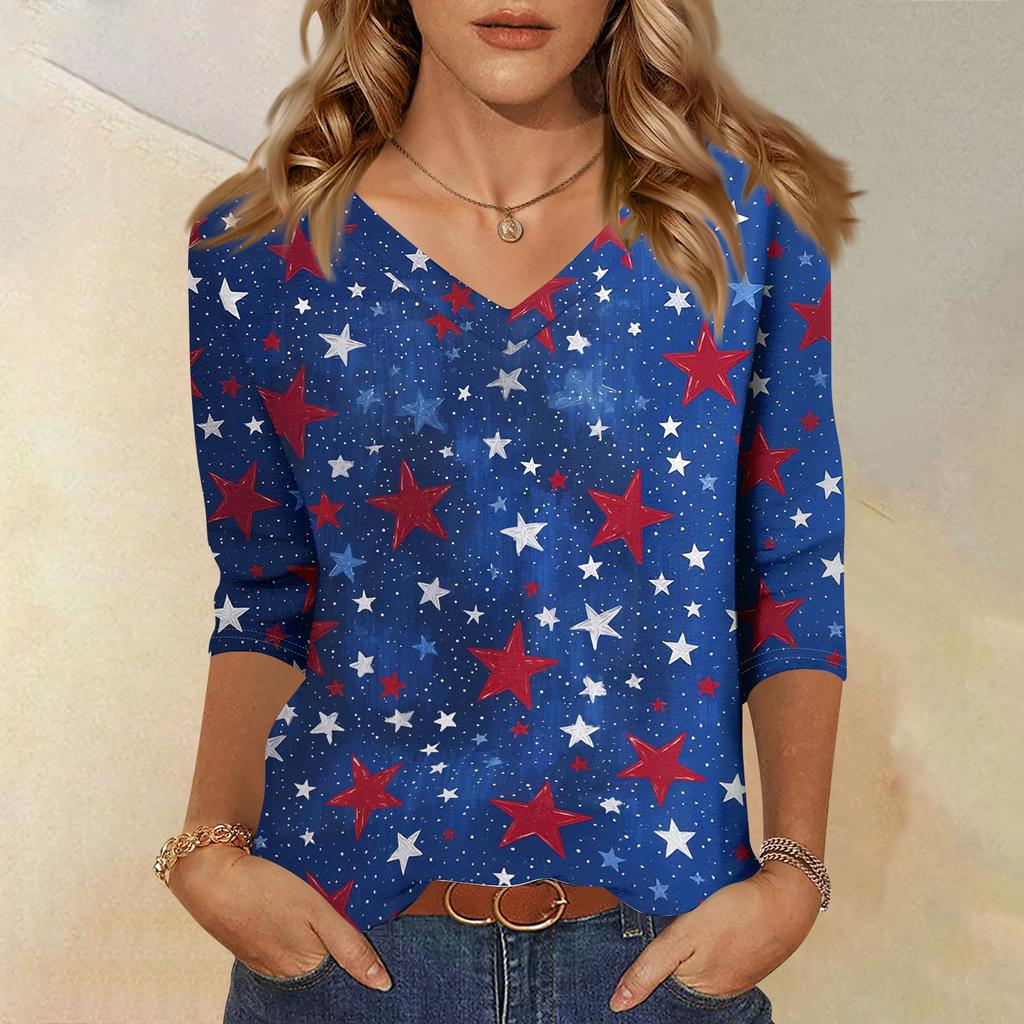 Women's Fashionable Casual Independence Day American Flag and Stars Print V-Neck Three-Quarter Sleeve T-Shirt Top