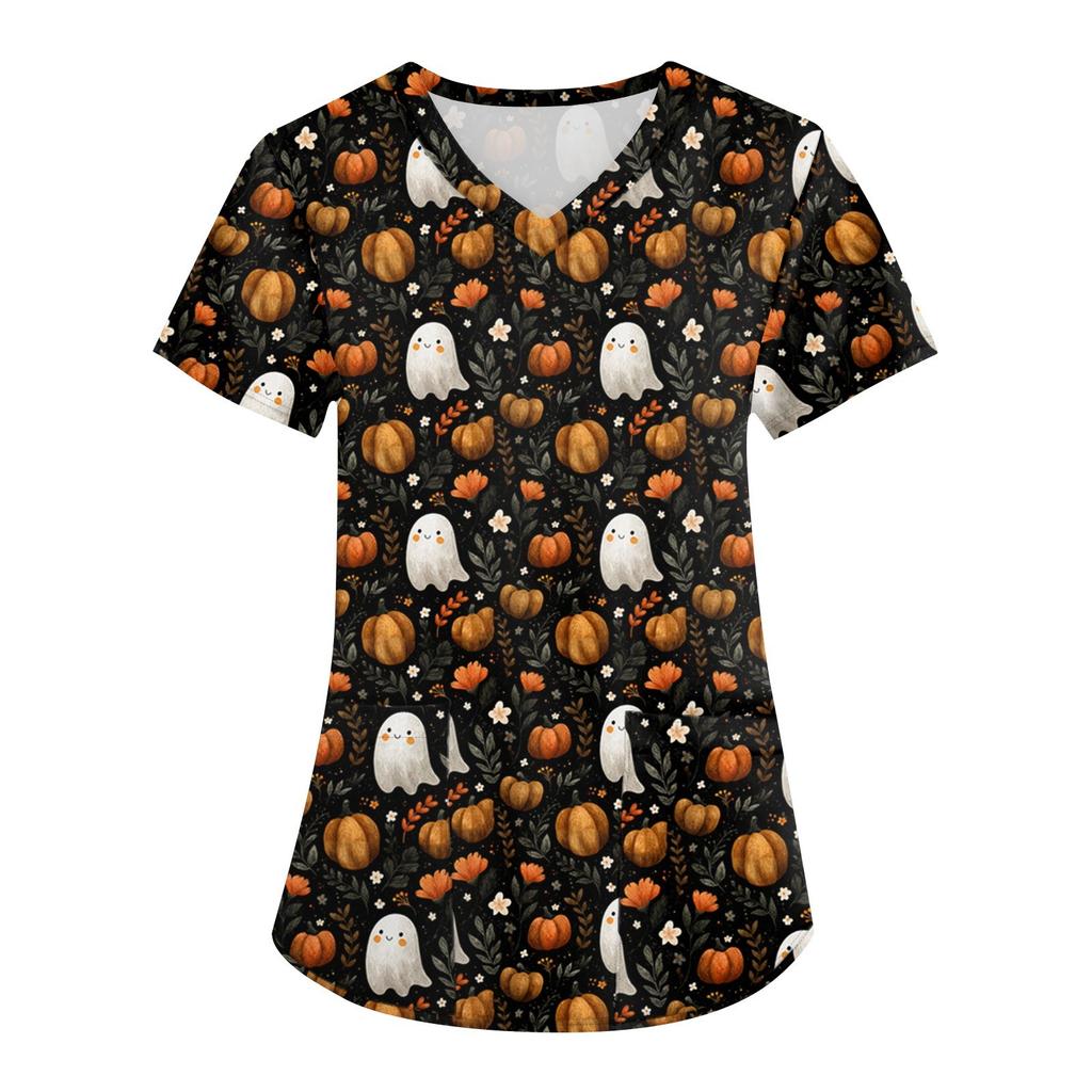 Women's Printing Uniform Work Uniform V-neck Pockets Basic Short Sleeve Pullover Top