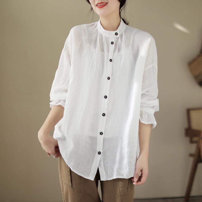 

2026 Spring Plus Size Loose Linen Long Sleeve Shirt for Women L білий
