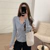 Korean V-Neck Pleated Knitted Cardigan Women'S Spring And Autumn Chic Single-Breasted Slim-Fitting Short Top