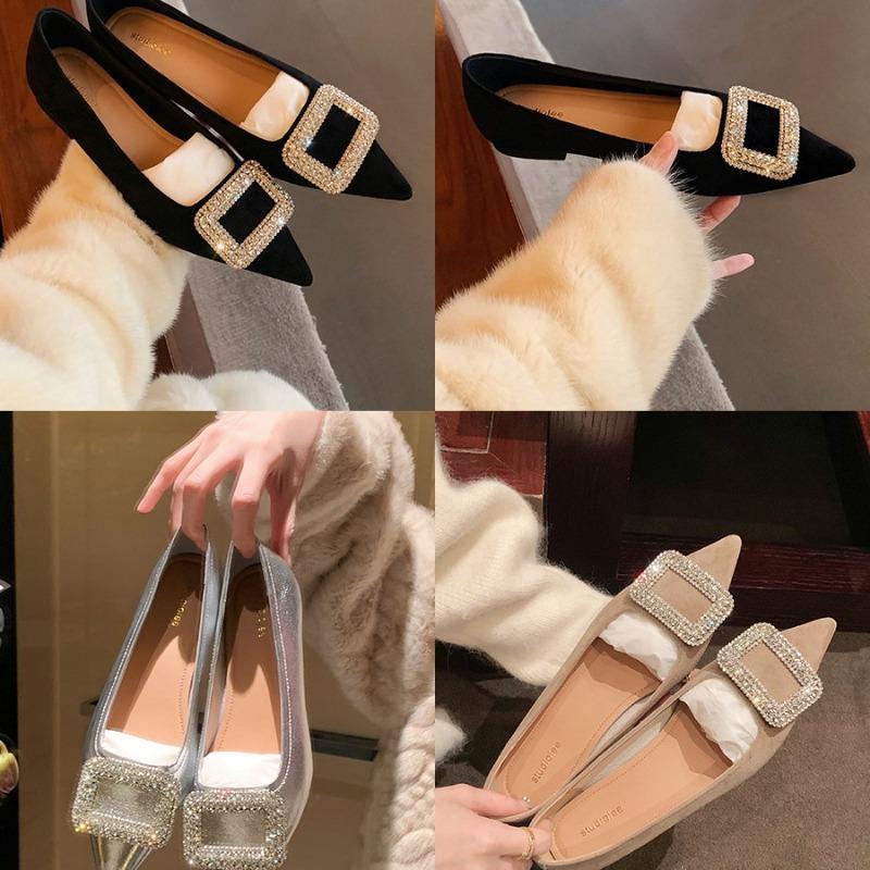 ~ Korean drama heroine~ Exquisite sparkling diamond buckle temperament small pointed head shallow mouth flat sole single shoe woman
