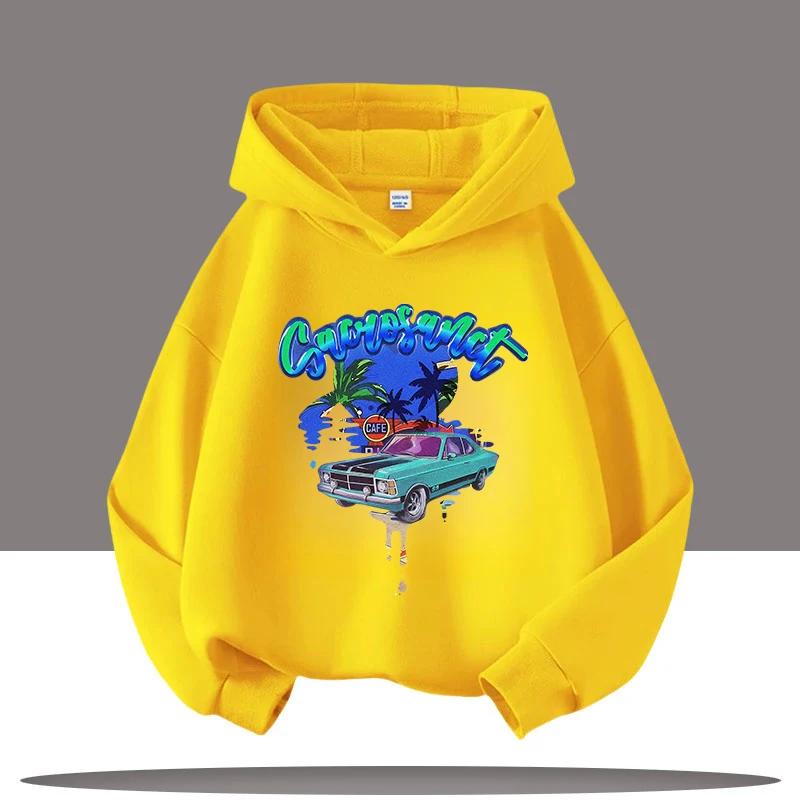 New Hip-hop Style Retro Car Cartoon Printed Children's Hooded Sweatshirt, Autumn and Winter Casual Top, Comfortable Clothing