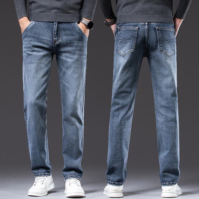 High-end Smoke Gray Jeans Straight Loose Spring and Autumn Thick Medium Diagonal Pocket Casual Pants Large Size Winter