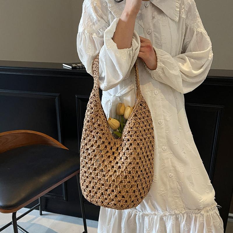 Women Knitting Shoulder Bag Hollow Out Beach Bag Large Capacity Aesthetic Tote Handbag Ladies Daily Handbag CLE