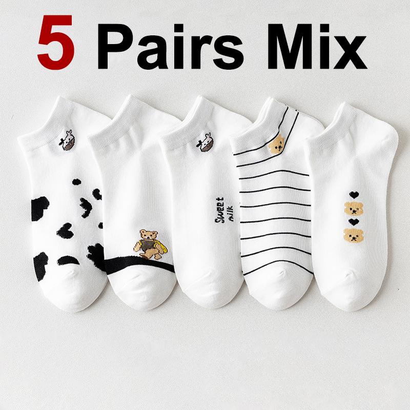 5/10/20 Pairs Women Animal Printed Short Socks Spring Summer Sweat Absorbing Breathable Comfortable Knitted Fabric Casual Socks