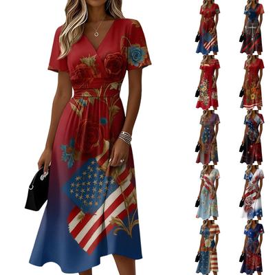 Damen Unabhängigkeitstag Print Lässiges Mode Kurzarm V-Ausschnitt Kleid