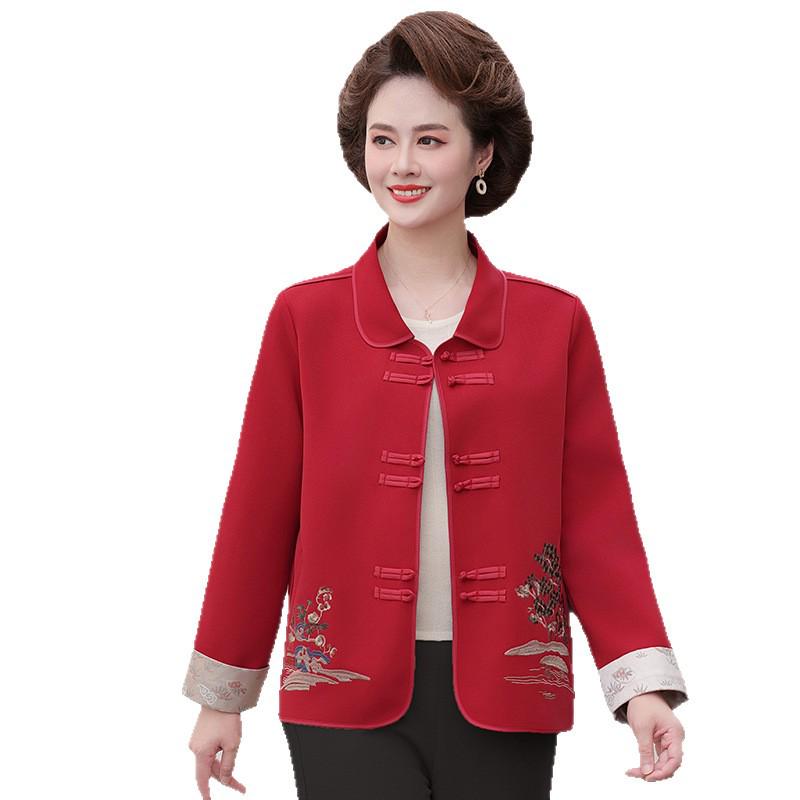 Mom's Autumn Chinese Embroidered Coat: Fashionable Turn-Down Collar Cardigan for Middle-Aged & Elderly Women