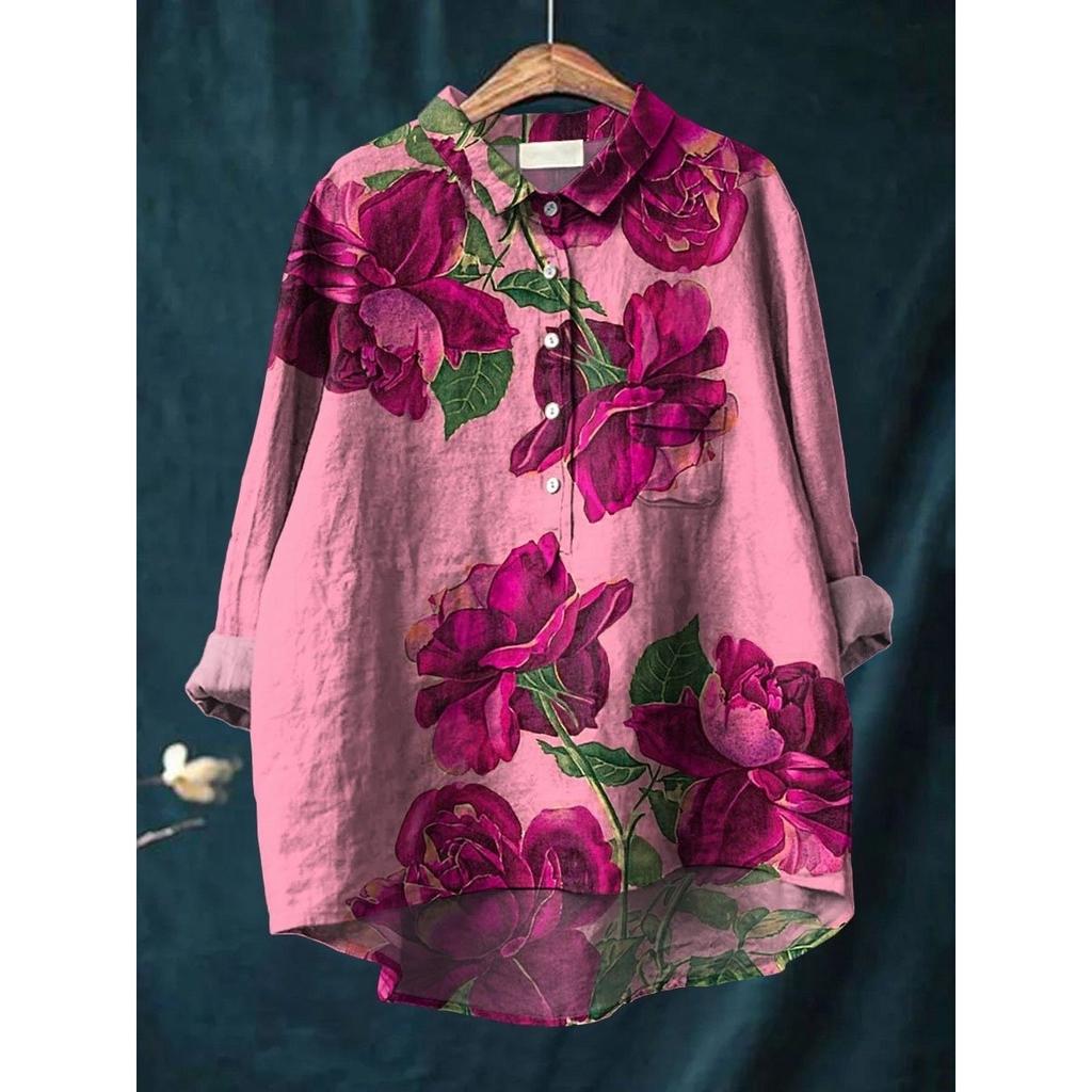 Ladies' Casual Loose Fit Floral Printed Button Up Shirt -Fish School Pattern
