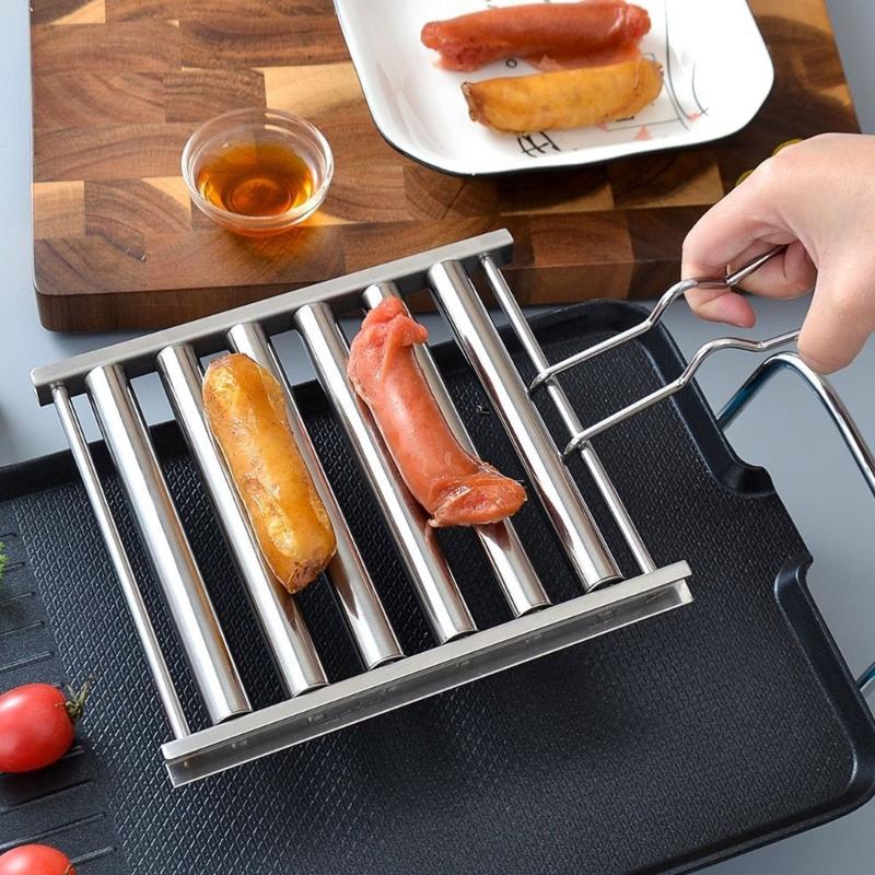 Hot Dog Roller BBQ Hot Dog Grillers Stainless Steel Sausage Roller Rack with Comfort Handle Barbecue Hot Dog Rack