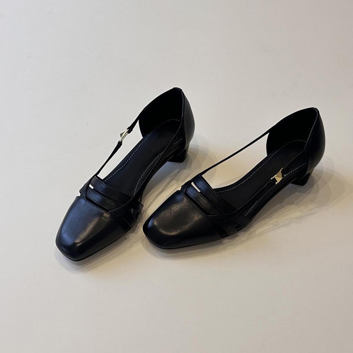 

Sheepskin version~ New low-heeled leather hollowed-out shallow-mouth single shoes women s versatile black one-pedal simple commuter sandals 35