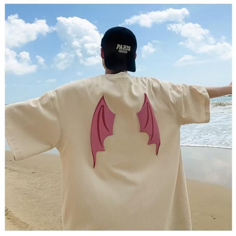 Devil Wings T-shirt Men's Short-sleeved Trendy Loose T-shirt Summer And Autumn New American High Street Tops Short-sleeved Men