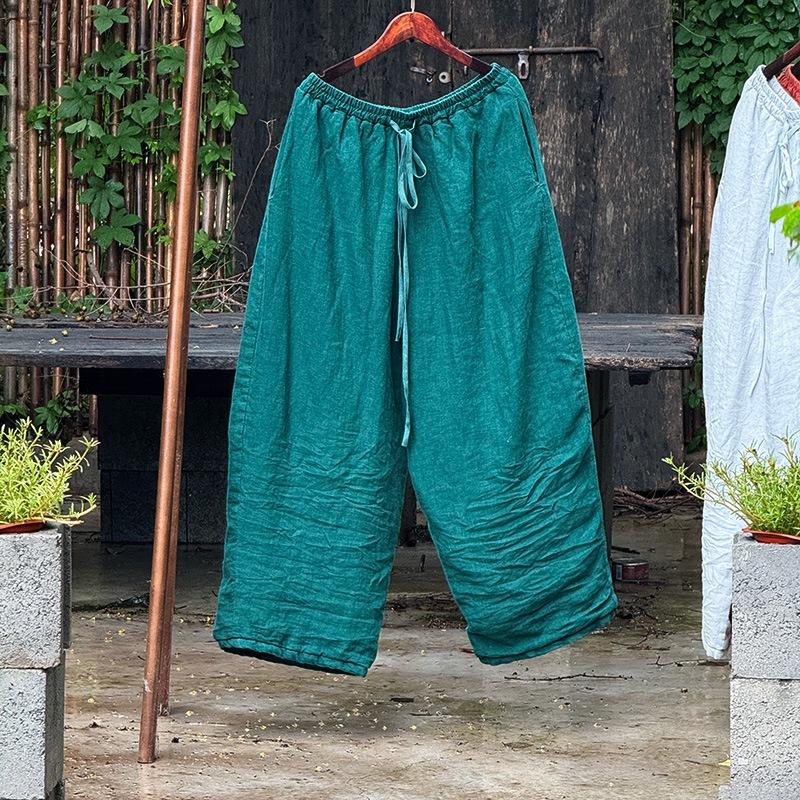 Johnature Women Vintage Wide Leg Pants Elastic Waist Solid Color Trousers Spring Pockets Casual Belt Pants