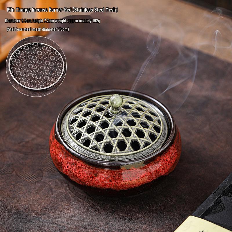 Ceramic Sandalwood Incense Holder with Net Lid and Crackle Glaze, for Coil and Stick Incense, Three-Legged Buddhist Home Use.