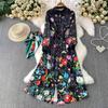 European and American Satin Print Crew Neck Shirt Dress Women's Sweet Foreign Style Age-reducing Scarf Waist Dress