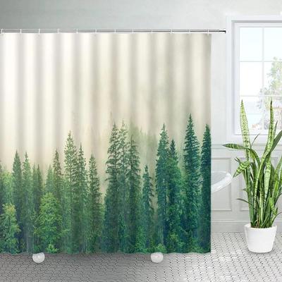 Mistige Bos Douchegordijnen Nevel Dennenbomen Natuurlijk Landschap Badgordijnsets Thuis Polyester Stof Badkamerdecoratie Met Haken