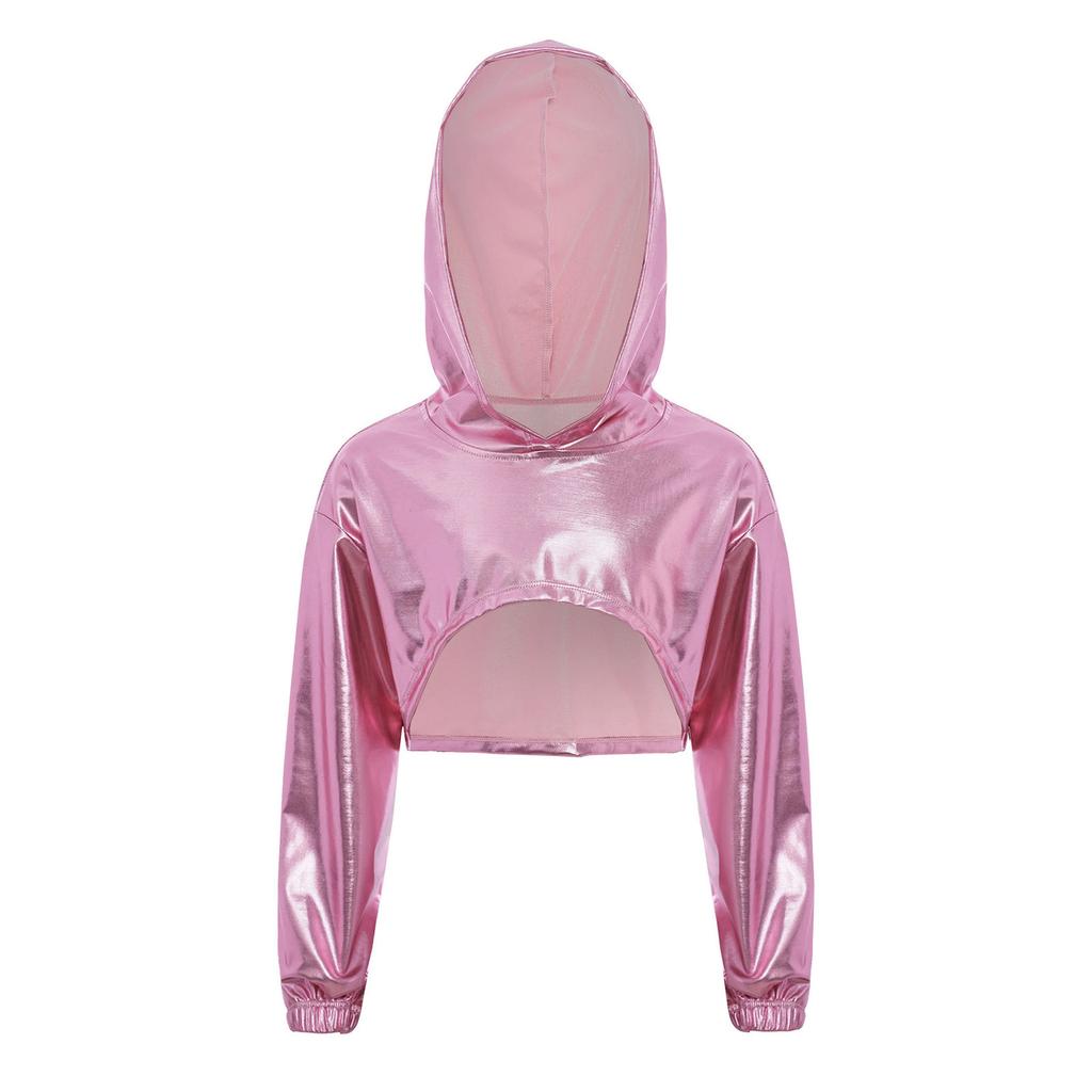 Costume de Performance de Danse Hip Hop Jazz pour Filles Ourlet Asymétrique Sweat à Capuche Métallique Haut Court à Manches Longues
