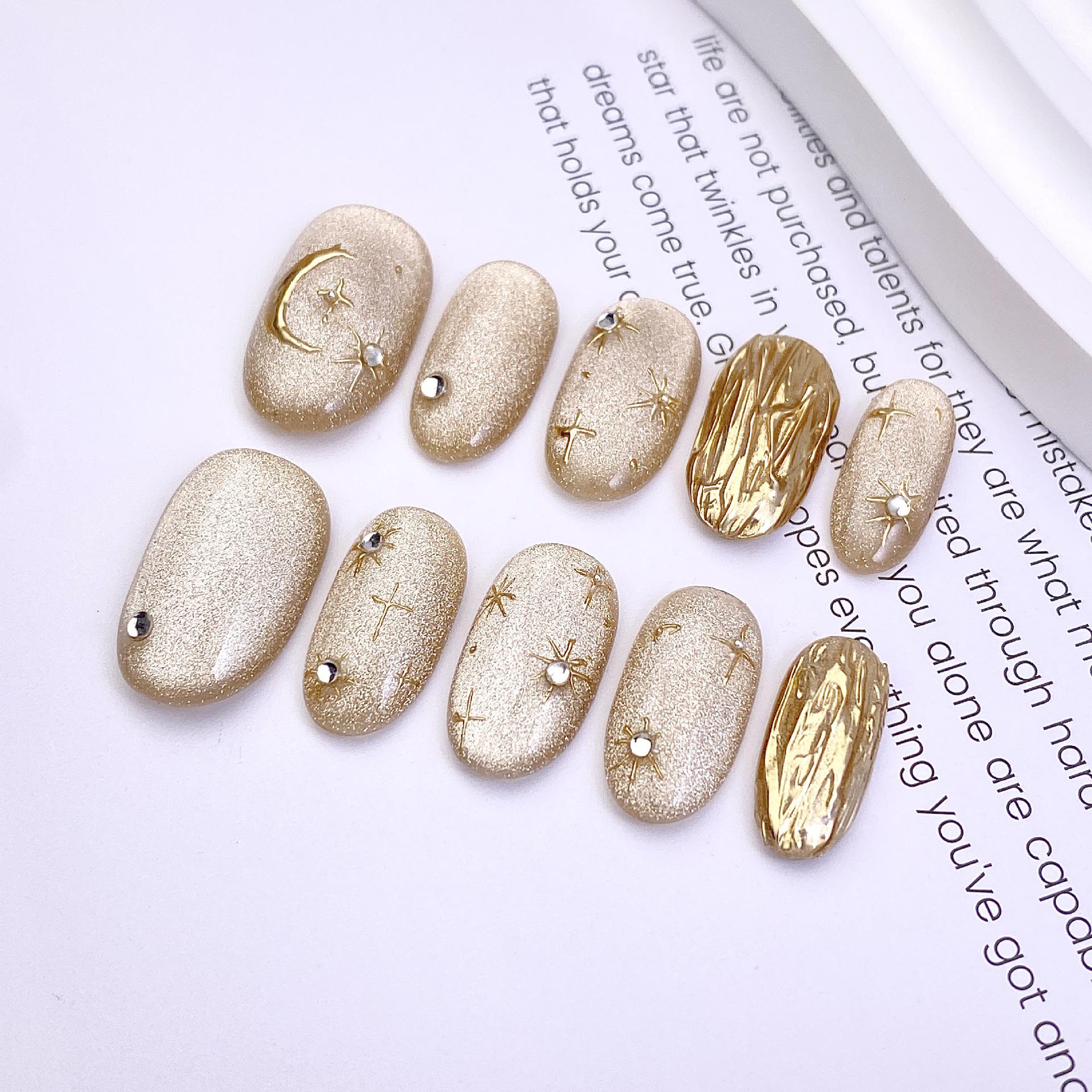 Handcrafted Wearable Nail Art Stickers - Short Oval French Style with Crystal Cat Eye, Bling Diamonds, and Nude Whitening. Medium