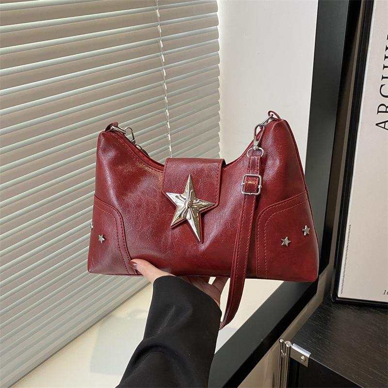 Premium Nischendesign Sternschnalle einfarbig Retro Schulter Umhängetasche Tragetasche einfache Freizeittasche