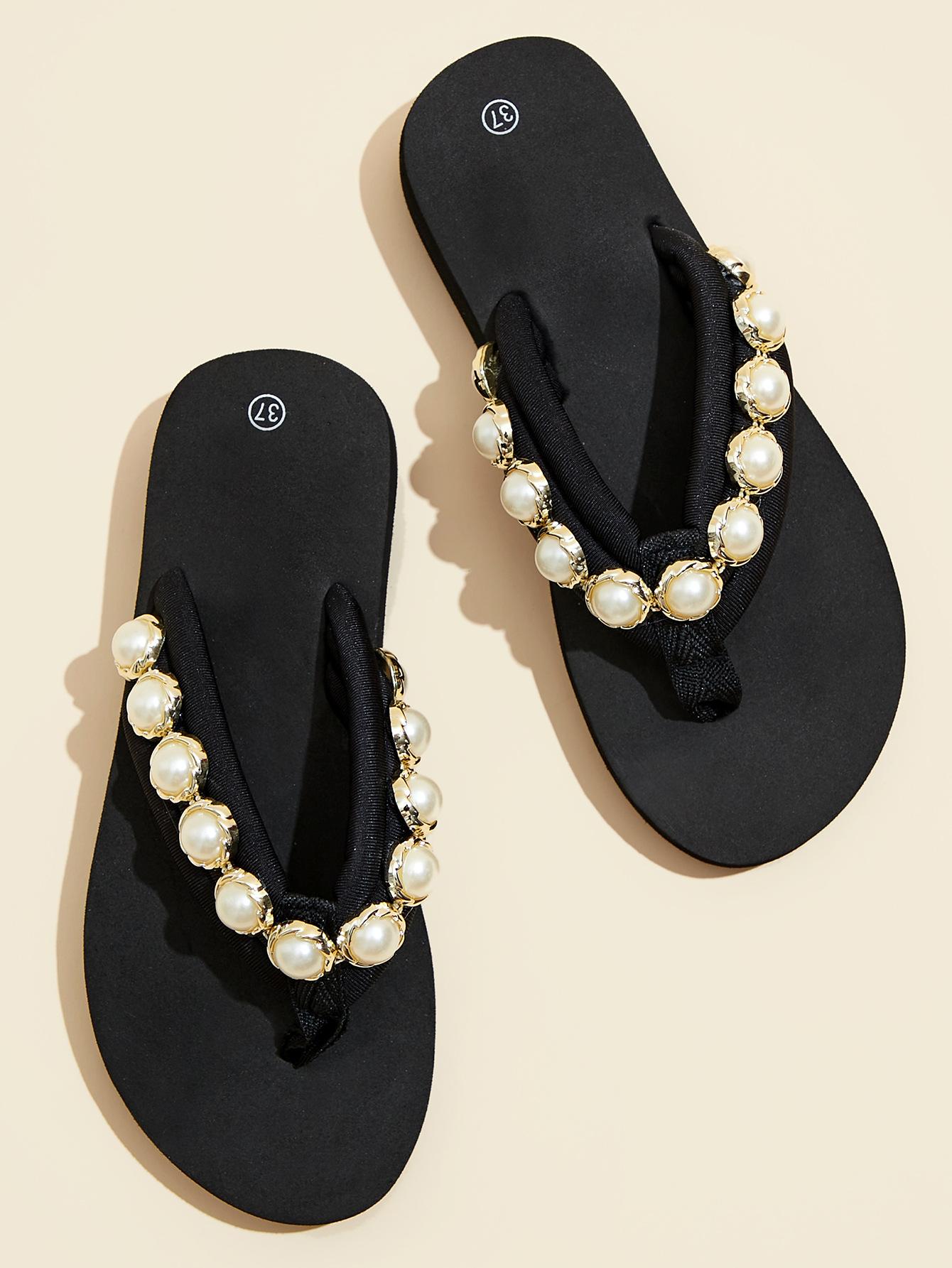 

Летние новые женские тапочки на толстой подошве с жемчужными стразами 42 чёрный