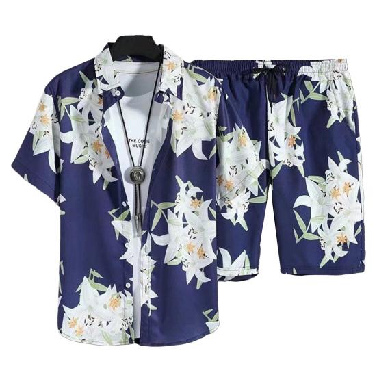 2Pcs/Set Hawaiian Style Shirt Shorts Set Lapel Short Sleeve Single Breasted Shirt Elastic Drawstring Waist Pockets Shorts Set Tropical Print Outfit