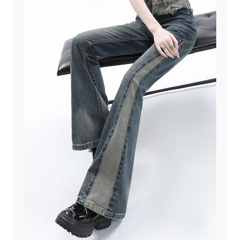 American Retro Splicing Micro-pull Jeans Women's Summer Wear New Design Sense Niche High-waisted Thin High-street Horseshoe Pants