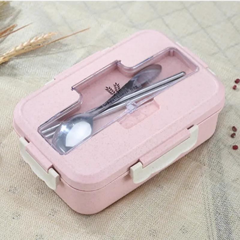 Square Lunch Box with Compartment, Wheat Straw Material, Leak - Proof, Japanese Style for Kids Student Food Container
