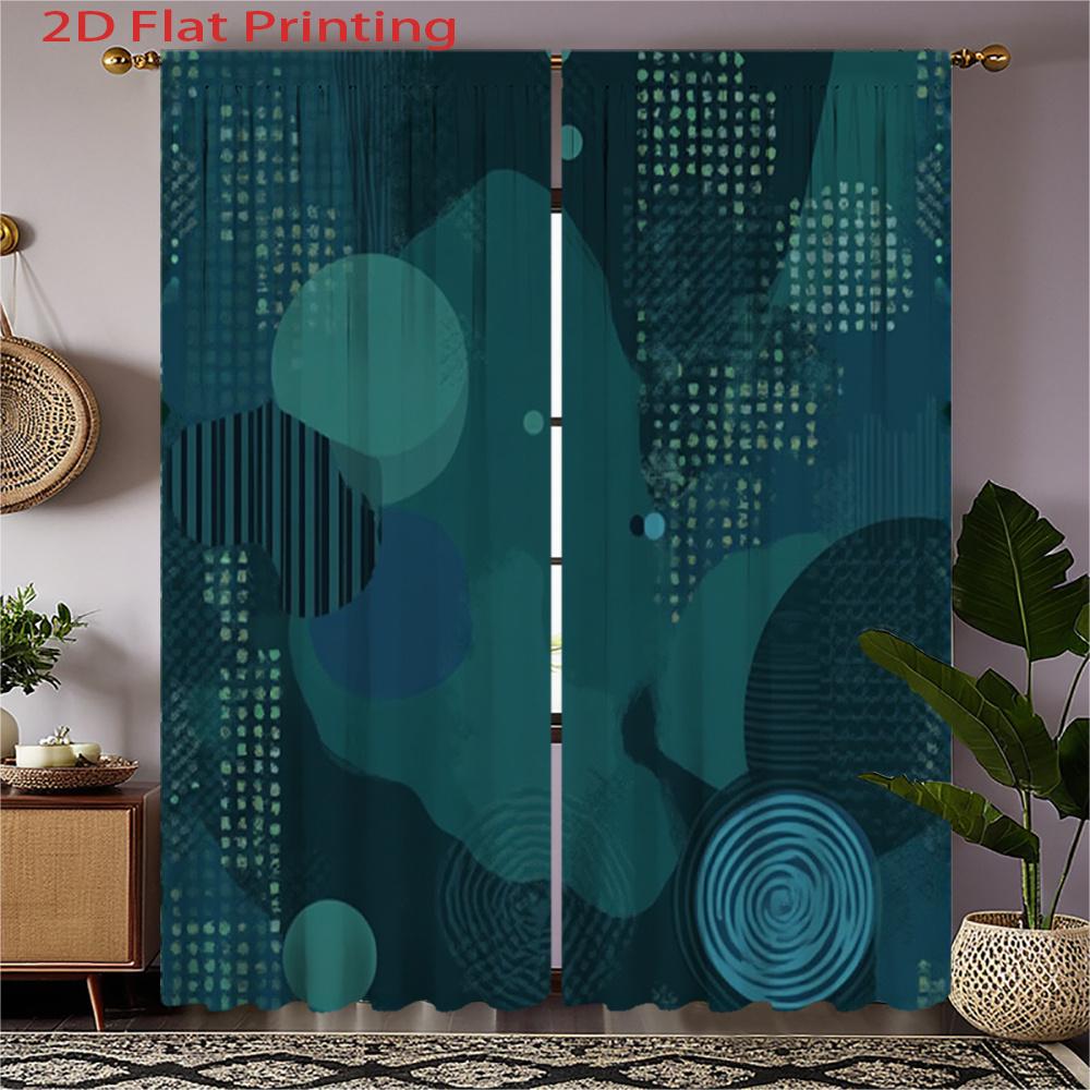 

2D Flat 2pcs Modern Curtains - Semi-Sheer Window Drapes with Teal Blue Dark Teal & Black Abstract Patterns Lightweight Flanne 100*130 HOOK 1pcs