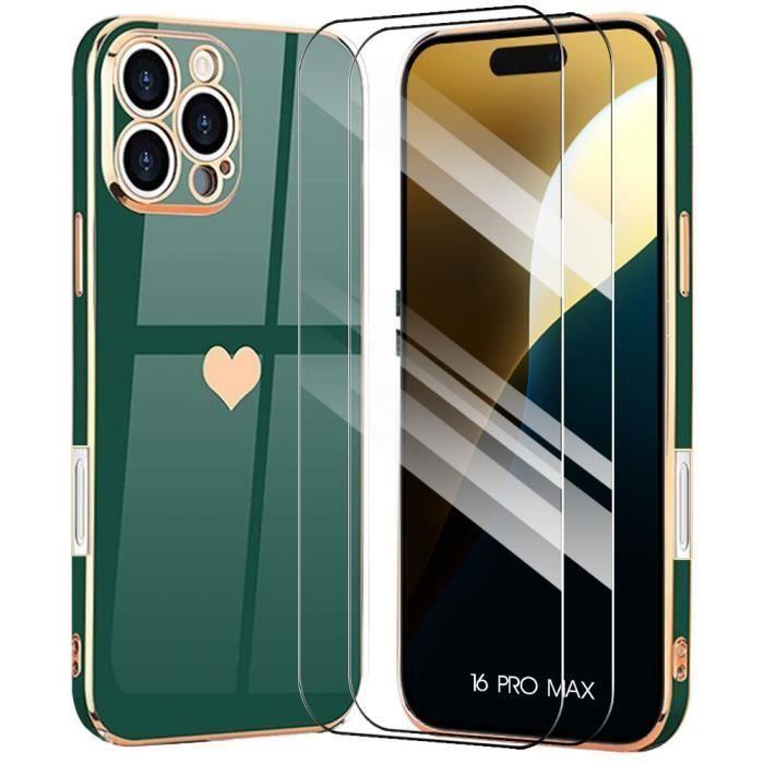 Coque de protection - BOOLING - pour iPhone 16 Pro Max - Antichoc en Silicone - Vert Nuit - Cœur Doré