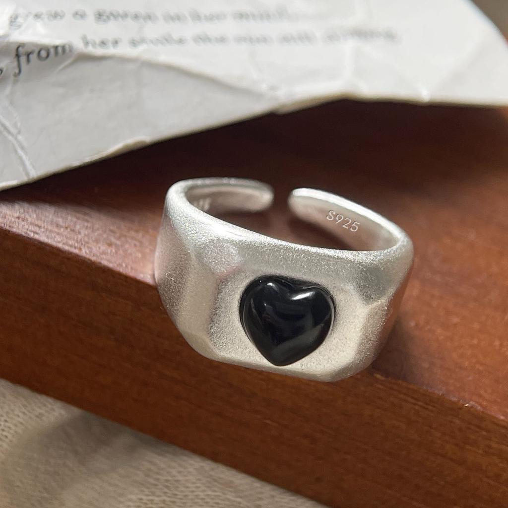 Xiaomi 925 Sterling Silver Rings For Women Geometric Fine Jewelry Finger Adjustable Simple Black Hear Open Ring For Party Birthday Gift