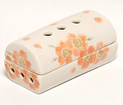 Horizontal Cylindrical Incense Burner: Made In Japan from Mino Ware, Designed To Hold Incense Sticks Horizontally. Features a Cherry Blossom Pattern.