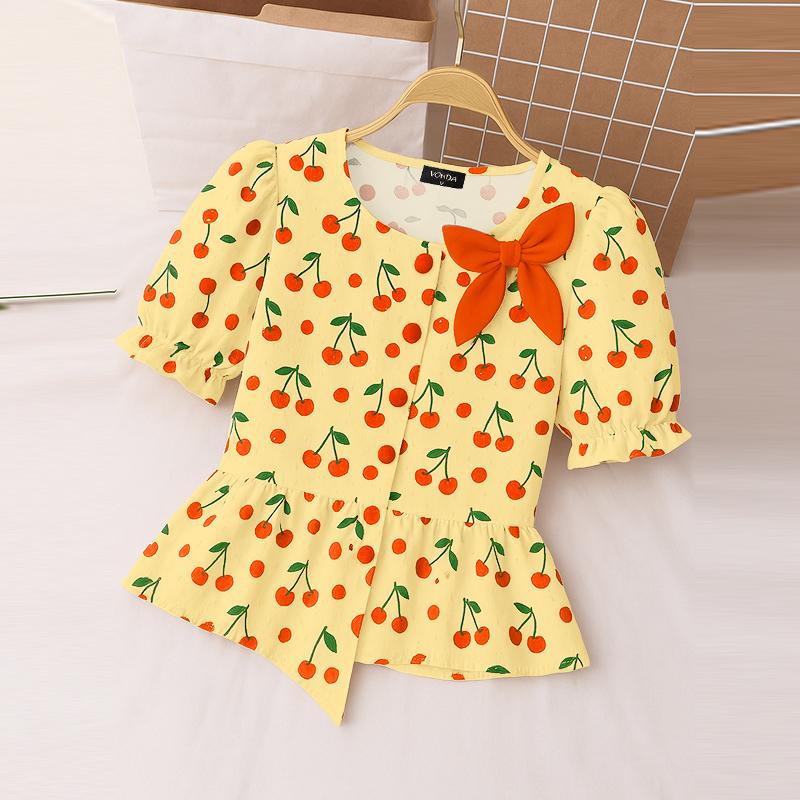 VONDA Summer Ladies Puff Sleeve Floral Print Casual Rumple Short Blouse