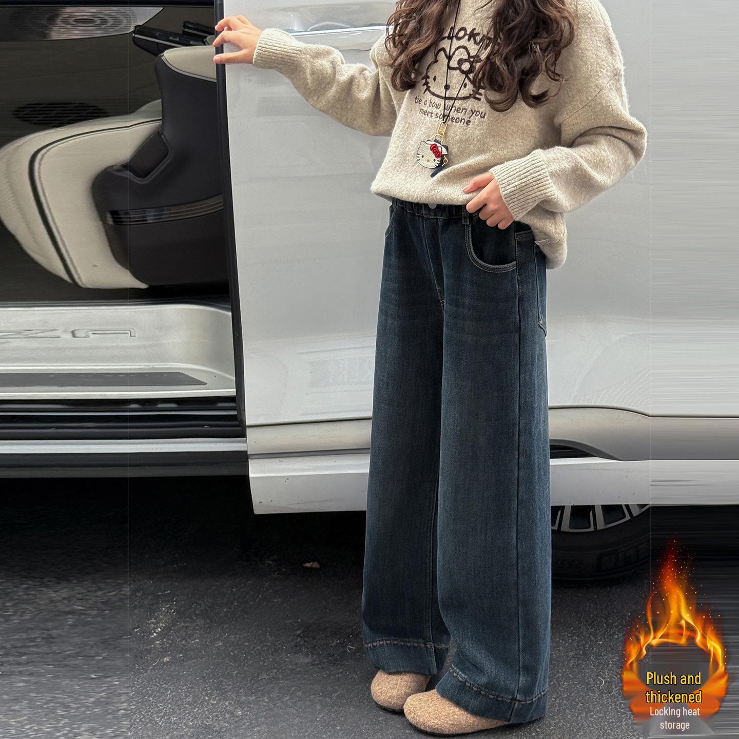 

Девичьи джинсы широкого кроя на флисовой подкладке - Коллекция Осень/Зима 2025, Свободный крой, Утепленные для подростков 160 cm