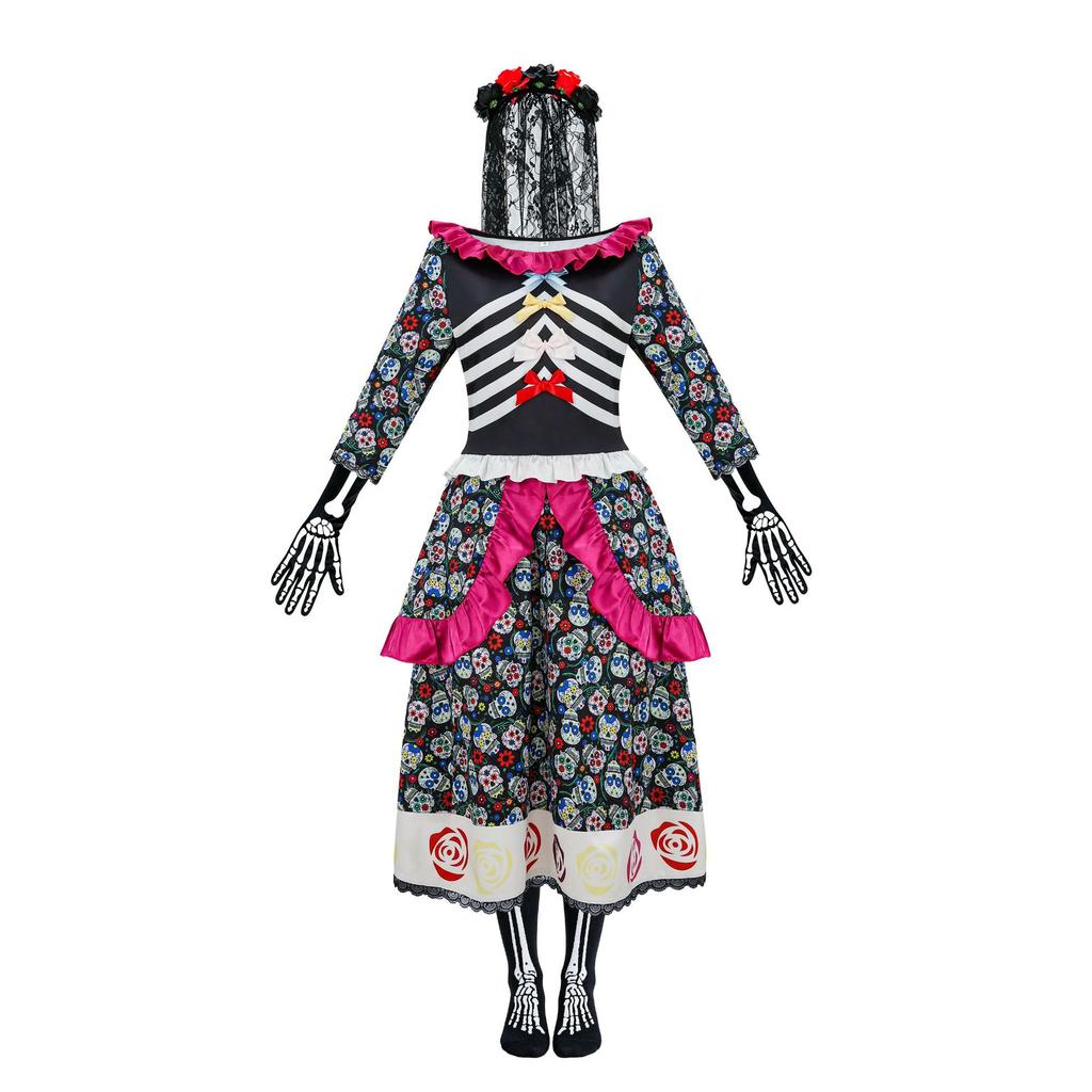 Ghost Bride Cosplay Costume Dress Mexican Day Of The Dead Colorful Flower And Rose Skull Print Horror Cosplay Halloween Costume