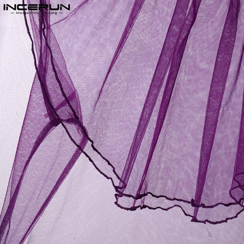 INCERUN Men Turtleneck Ruffled Layers Long Sleeve See Through Party Mesh Sheer Tops